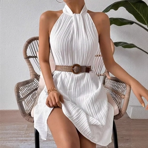 Women Halter Pleated Mini Dress Sleeveless Backless A-Line Elegant Summer Vacation With Woven Belt