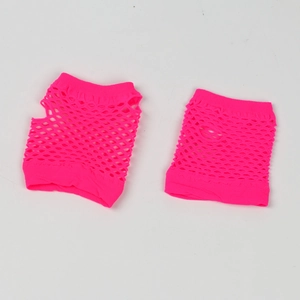 Detailed view of neon pink fingerless fishnet gloves made of elastic mesh material