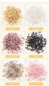 Macro display of six natural polished crystals including quartz, citrine, and rose quartz