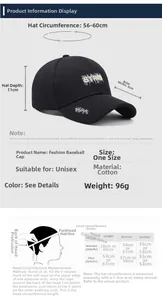 Size chart and head measurement guide for unisex cotton baseball cap with dimensions