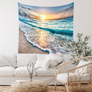 Détail de la tapisserie coucher de soleil sur la plage avec vagues dorées sur mur