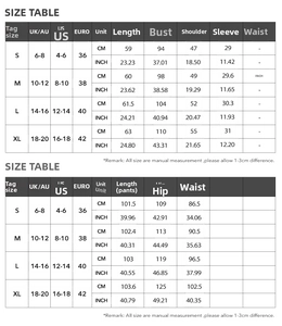 Detailed size guide table for women short sleeve t-shirt and wide leg trousers summer set