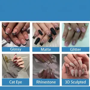 Various 3D press-on nail styles featuring matte, glossy, and embossed butterfly designs