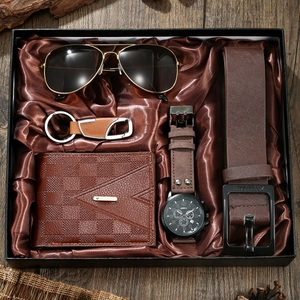 Men Business Casual Brown Faux Leather Quartz Watch Pilot Sunglasses Checkered Wallet Belt Keychain Decorative Classic