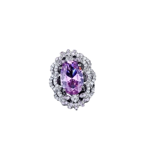 Luxury oval purple gemstone necklace with layered zircon floral setting in silver