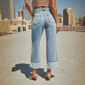 Women's vintage light blue high waisted straight jeans with wide cuff back view