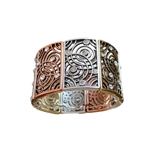 Vintage tri-color wide hollow bracelet with scroll patterns and sparkling crystals