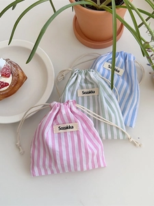 Vertical Striped Cotton Canvas Drawstring Storage Bag Mini Makeup Pouch Portable Travel Jewelry Organizer For Women