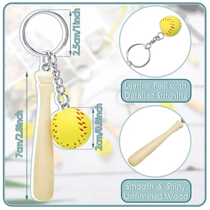 Detail view of the mini wooden baseball bat and yellow PU leather softball keychain