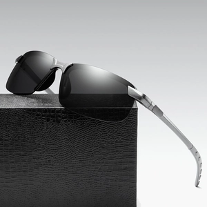Men's polarized metal sunglasses with black lenses and gray temples in a premium case