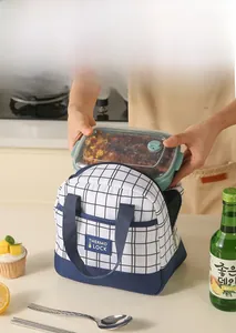 Detail of placing a food container into a blue checkered insulated thermal lunch bag