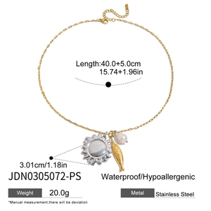 Detailed view of golden stainless steel necklace with sun and pearl pendants and dimensions