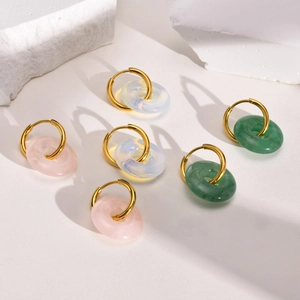 Boucles d'oreilles créoles vintage en acier plaqué or 18 carats avec pendentifs aventurine