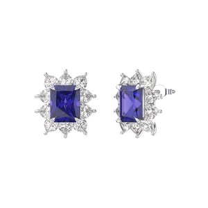 Elegant S925 sterling silver stud earrings with blue rectangular sapphire zircon gems