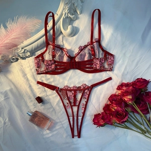 Detailed flat lay of red and pink lace lingerie set with floral embroidery and mesh