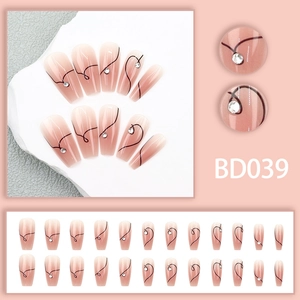 Detail of BD039 long coffin press-on nails with pink gradient and black line art