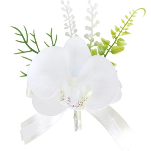 Handmade white Phalaenopsis orchid boutonniere with silk ribbon for wedding ceremony