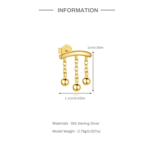 Detail of 925 sterling silver golden tassel earring with size specs and S925 hallmark