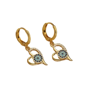 18K gold plated heart evil eye earrings set with turquoise stones and clear zircons