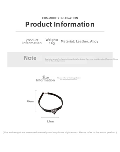 Detailed size chart for black leather heart choker with dimensions and 14g weight spec