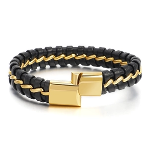 Men's vintage multilayer braided leather and gold steel wire bracelet with magnetic clasp