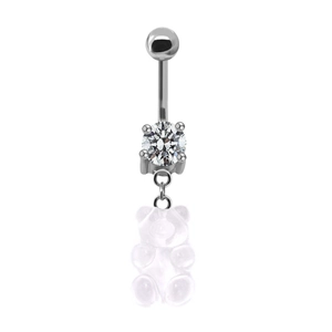 Silver bear belly ring with clear round cubic zirconia and transparent bear pendant
