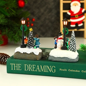 Lighted Christmas resin miniature landscape with snowman and street lamp ornaments