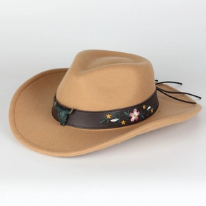 Vintage Western Cowboy Hat Wool Felt Wide Brim With Floral Embroidery Leather Band Metal Bull Head Retro Fedora Unisex