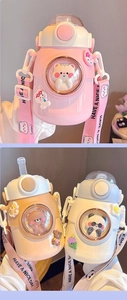 Close-up of portable kids straw water bottles with 3D cartoon animal figures inside windows