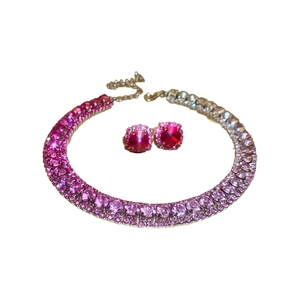 Pink gradient crystal necklace and stud earrings set with polished silver finish