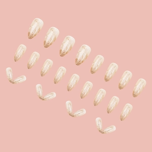 Nude almond press-on nails with gold glitter gradient and white feather texture, 24 pieces