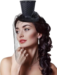 Close-up of black mini top hat headband with veil and rose for Halloween costume