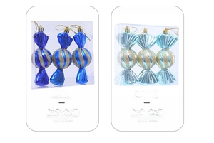 Set of 3 candy-shaped Christmas tree ornaments in royal and light blue with glitter