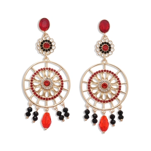 Vintage hollow flower drop earrings with red and black crystals in gold finish