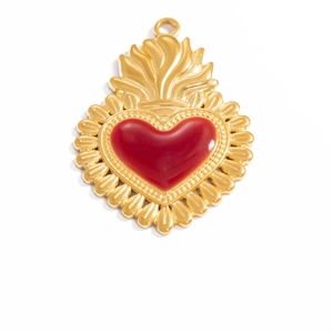 Vintage Gothic 18k gold stainless steel red heart pendant with flame detail