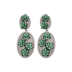Vintage silver flower oval stud earrings with emerald green stones and zircon accents