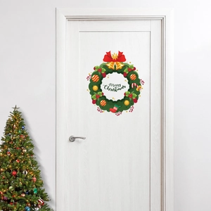 Merry Christmas wreath wall decal with red bow and gold bells on white wooden door