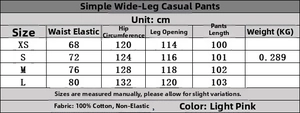 Size chart for high-waisted wide-leg trousers in pink cotton with manual measurements