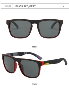 Detail view of black polarized sunglasses with red contrast and purple camo temple patterns