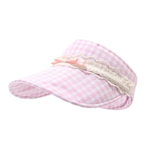 Pink plaid open top sun hat with delicate lace trim and sweet bow decoration