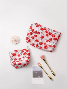 Fresh pink cherry print canvas cosmetic bag set with decorative flower zippers