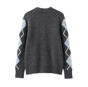 Back view of dark grey argyle knit cardigan sweater with blue diamond patterns