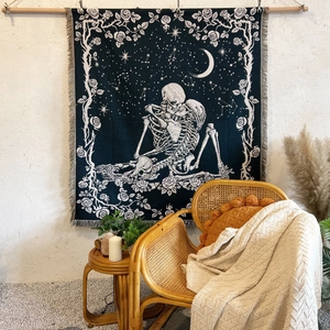 Bohemian woven tapestry with skull lovers, crescent moon and roses for wall decor