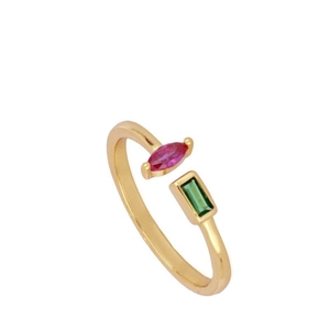 Close-up of golden open ring with marquise purple and emerald green rectangle gemstones