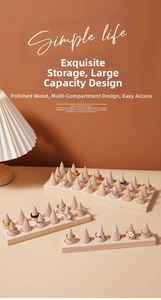 Macro view of solid wood cone-shaped ring holders with multi-slot natural timber bases