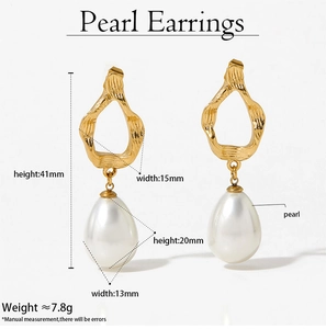 Detail view of gold hollow earrings with pearl pendants showing exact 41mm height dimensions