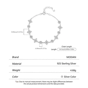S925 sterling silver clover bracelet with sparkling zircons and dimensions marked