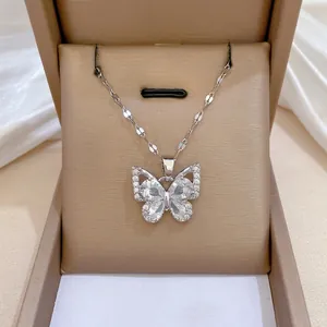Elegant silver butterfly zircon necklace with sparkling pendant in a jewelry gift box