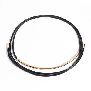Minimalist multi-strand black rope necklace with curved gold-tone metal tube accent