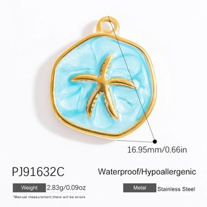 Detail view of a 17mm light blue enamel starfish pendant made of high-quality stainless steel